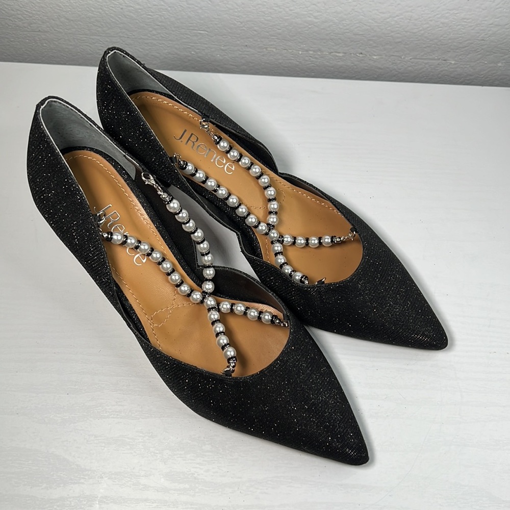 J. Renee black heels with removable pearl and black bead front cross straps 8M - Picture 13 of 16